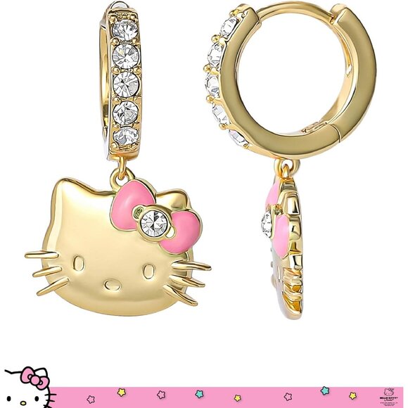 Hello Kitty Gold Hoop Earrings with Pave Crystals, Pink Enamel Bow, 18k Gold Fin - Picture 4 of 6